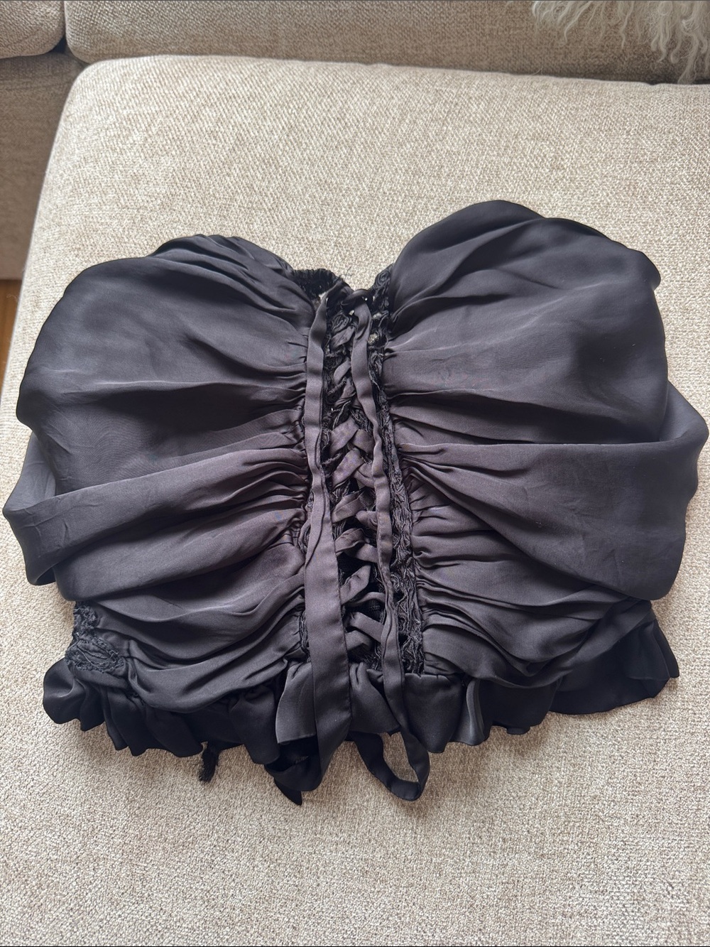 Free People Black Ruffled Strapless Crop Top Size M | Tie Front Silky |